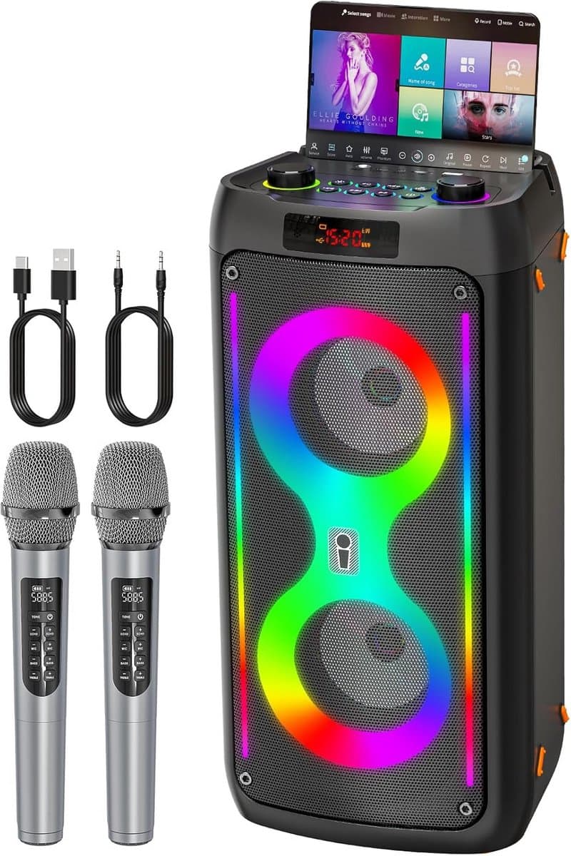 Karaokemachine met microfoons - Draagbare speaker - Feestmuziek afspelen - 120W piekvermogen - 400 vierkante meter - Zwart