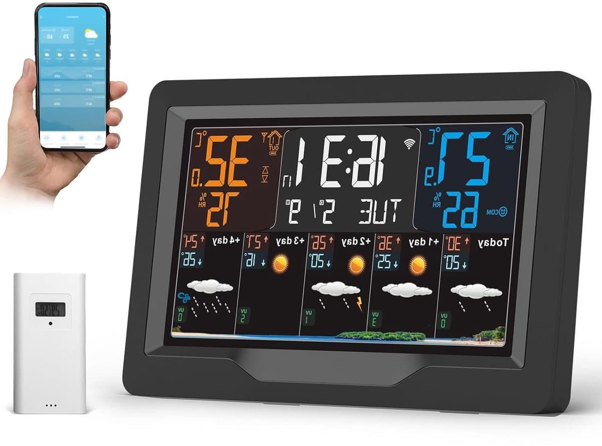 Weerstation met Sensor - Weer Monitor - Thuis Weer Checken - 5-Daagse Voorspelling - 7.5 Inch Kleurendisplay - Zwart