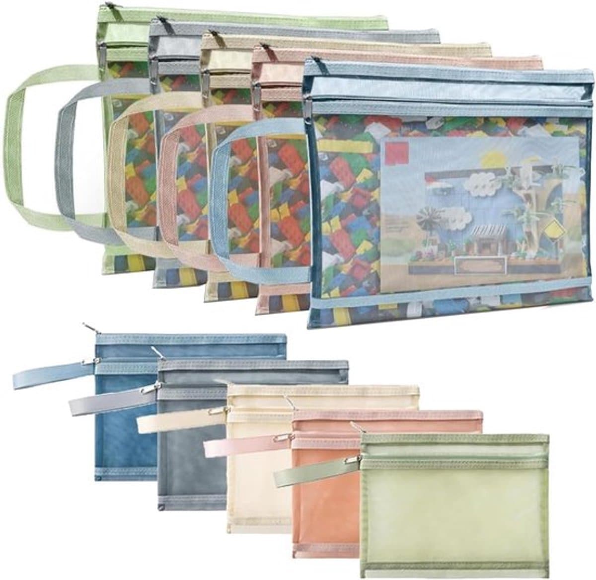 10 opbergzakken met rits - Doorzichtige ademende mesh opbergtasjes - Dubbellaagse sorteertassen voor speelgoed - Met handvat voor bouwblokken, puzzels en boeken - Meerkleurige set