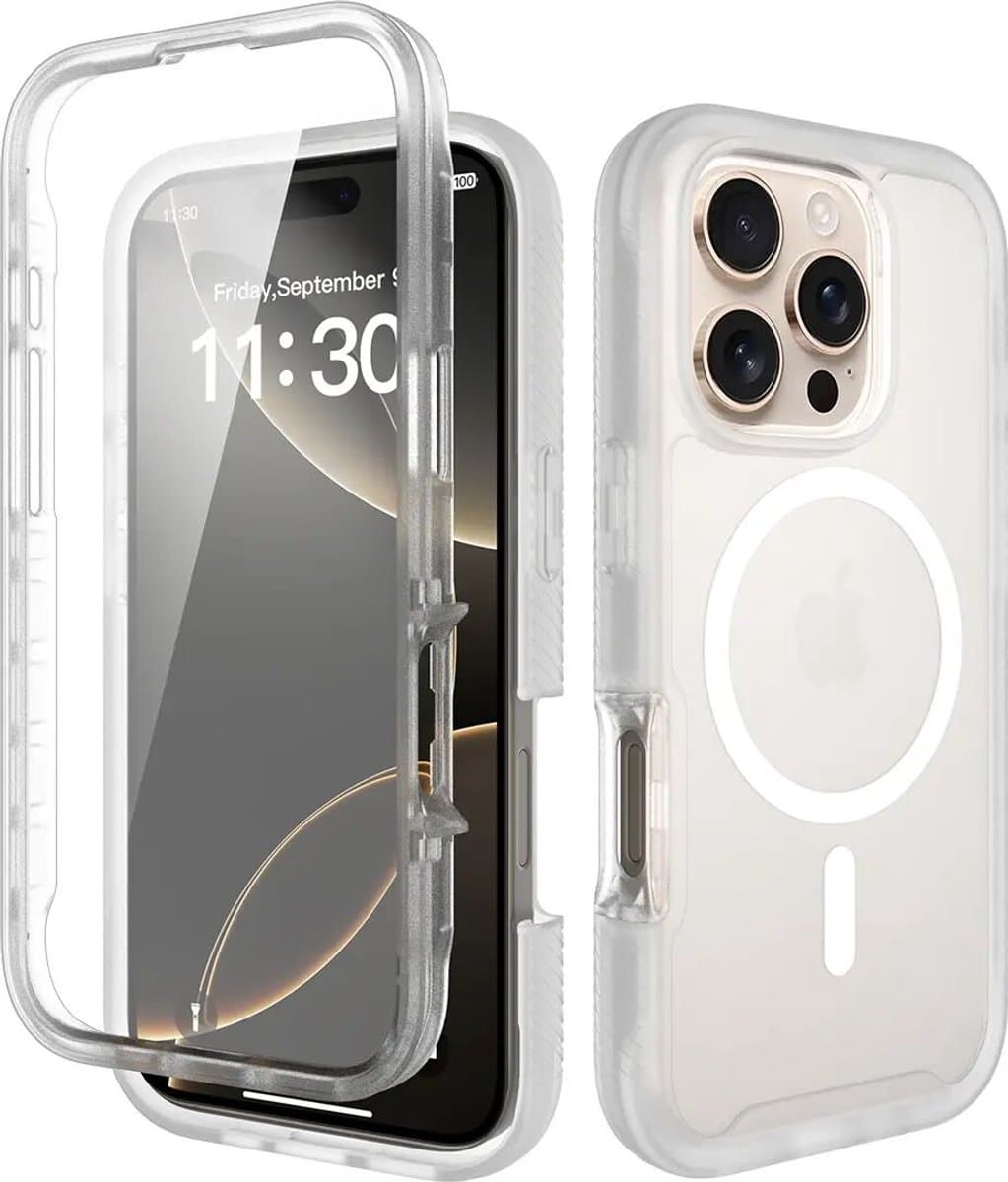 Hoesje met Ingebouwde Screenprotector Geschikt voor Apple iPhone 16 Pro - Compatibel met MagSafe / Qi2 - Full Protect - Schokbestendige Beschermhoes - Case Matte Transparant