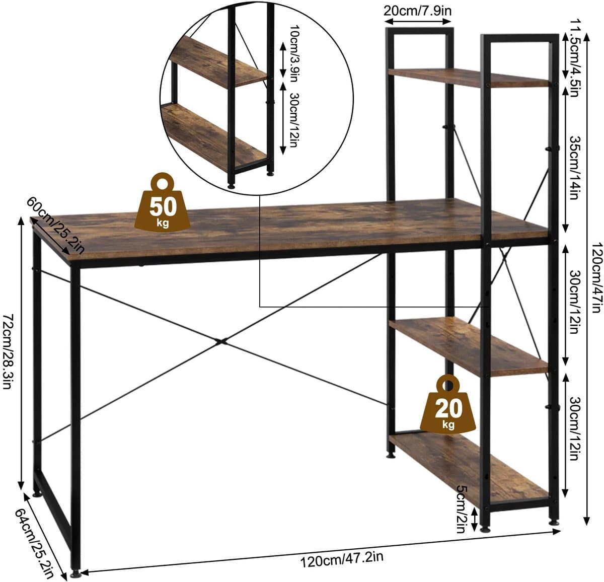 Bureau - Hoekbureau - Computertafel - Office Bureau - met 4 Planken – Compact Werkstation –Voor Gaming - Studeren - Kantoor – Laptop of PC Tafel – E1 Hout & Metaal – 120x64x120 cm - Licht Eiken en Zwart