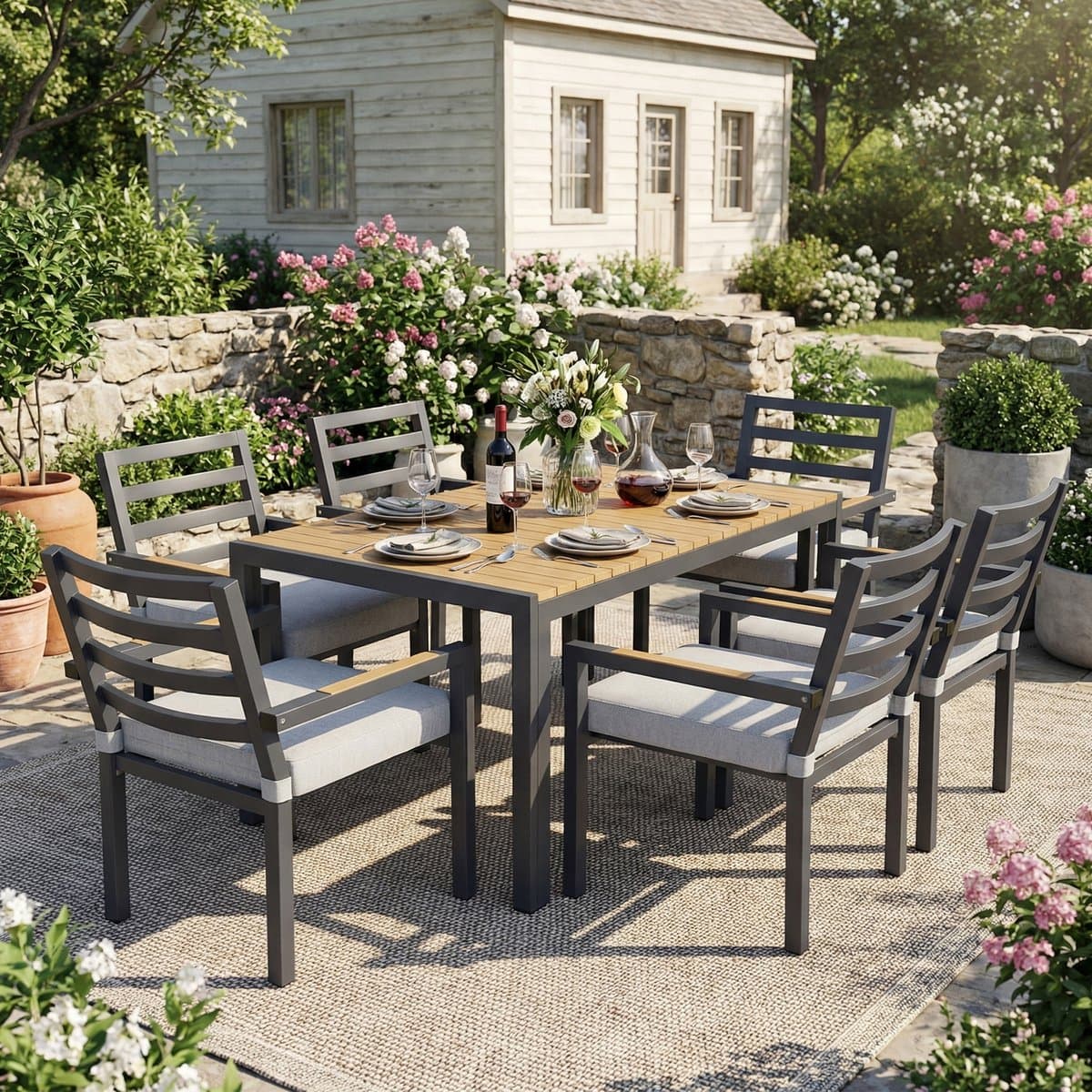 BLACKCOLORS Tuineetset, tuinmeubelset, geschikt voor 6 personen, bestaande uit 1 tafel en 6 stoelen, verzinkt ijzer, tafelblad van kunststofhout, grijs