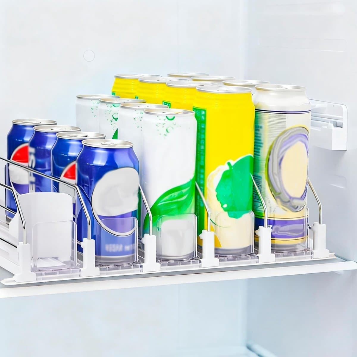 OmGoods - Dailygoody - Drank Organizer - Verstelbare Soda Blikjesdispenser - Automatische Pusher Glide - Wit - Ideaal voor Koelkast - Geschikt voor Flessen en B