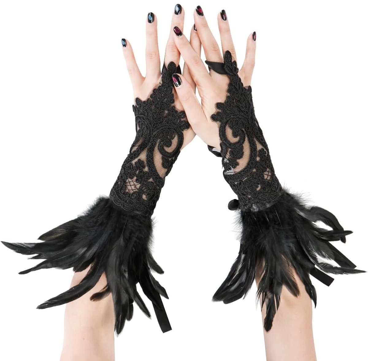 Dailygoods- Dameshandschoenen Vingerloos - Lange Kanten Handschoenen - Zwart met Veren - Geschikt voor Bruiloft/Carnaval - Elegant Design - Hoogwaardig Materiaal - Carnavalhandschoenen