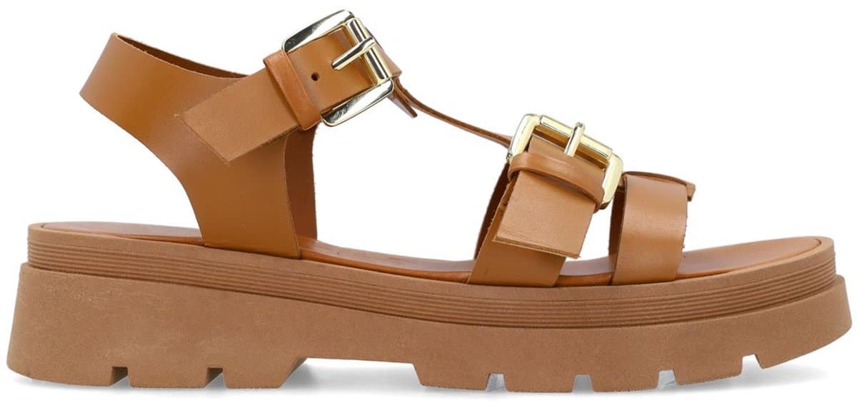 Sacha - Dames - Cognac leren plateau sandalen met goudkleurige buckles - Maat 40