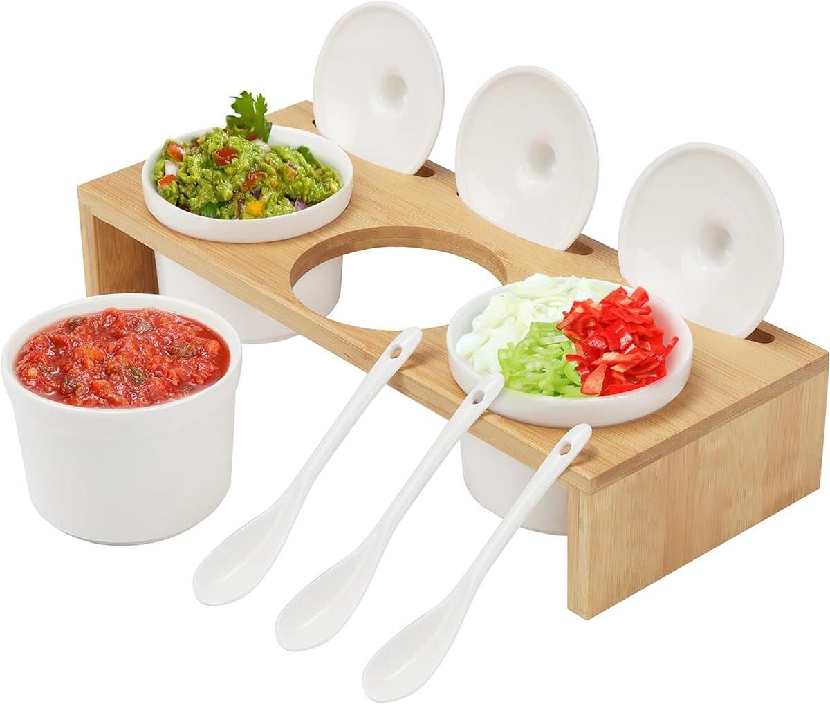 Orivio - Keramiek Condiment set met Lepels en Deksels - 3 Containers - Bamboe Opslag - Saus, Dips, Specerijen, Kruiden.