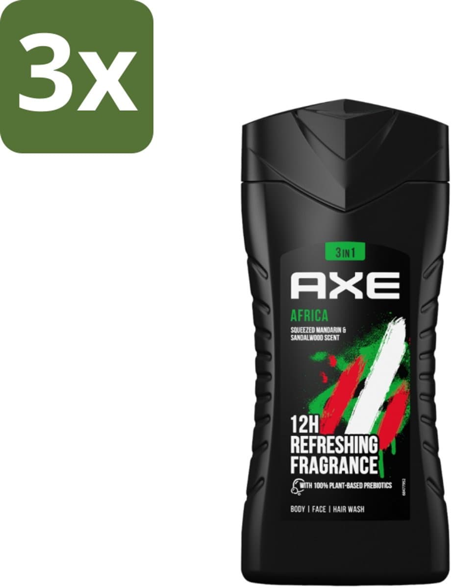 Axe - 3-in-1 Douchegel - Africa - Squeezed Mandarin & Sandalwood - 100% Plantaardig - 250 ml - Bulkverpakking - 3 stuks