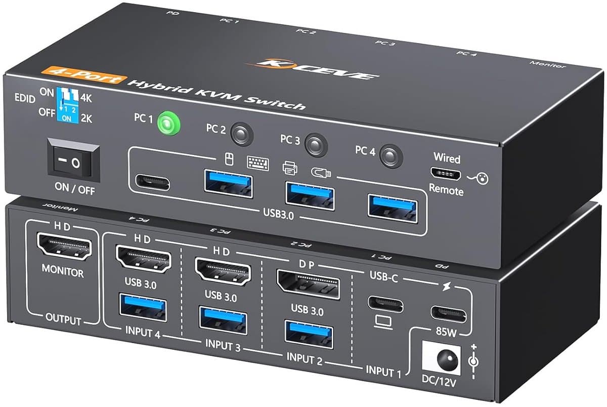 4K KVM Switch voor 1 Monitor en 4 Computers met USB-C en HDMI