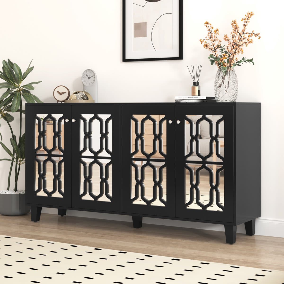 Dressoir - 160x40x84 cm - Spiegel Dressoir Met 4 Deuren - Met Kristalgrepen - MDF - Zwart