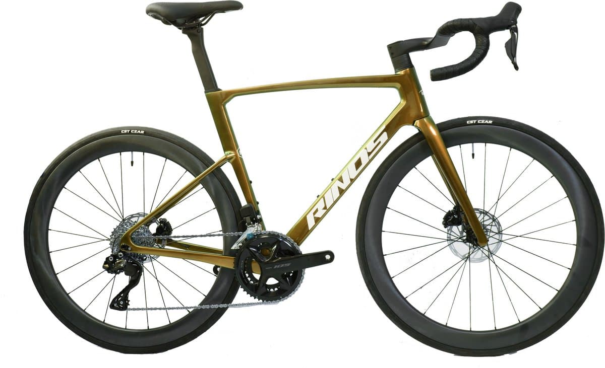 Rinos Odin6.1 Carbon Road - Racefiets - met UCI Frameset - met SHIMANO 105 Di2 - 24 versnellingen en schijfremmen - lichte fiets voor dames en heren - Wielen van koolstofvezel -700 x 40C - Kameleon Goud Groen XS