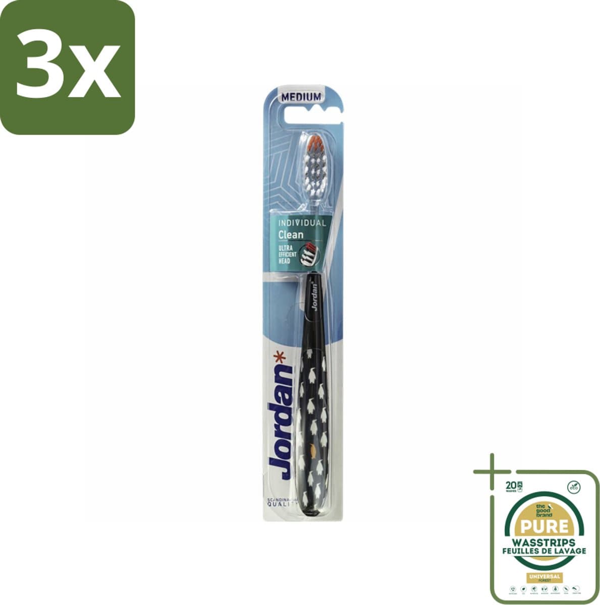 3 x Jordan - Tandenborstel - Individual Clean - Medium - Grootverpakking - Tandenborstel - Mondverzorging - Tandenborstel Medium - Tandenborstel Voor Gezond Gebit - Ergonomische Tandenborstel