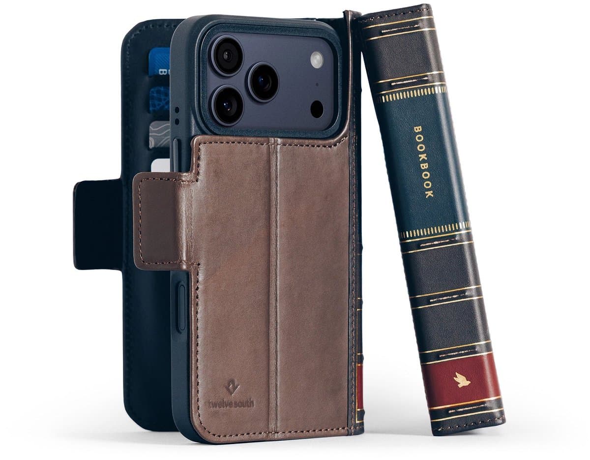 Twelve South BookBook folio hoesje iPhone 17 Pro – Volnerfleer met portemonnee functie – Verwijderbare MagSafe-compatibele hoes – Ruimte voor ID's, kaarten en contant geld - Bruin