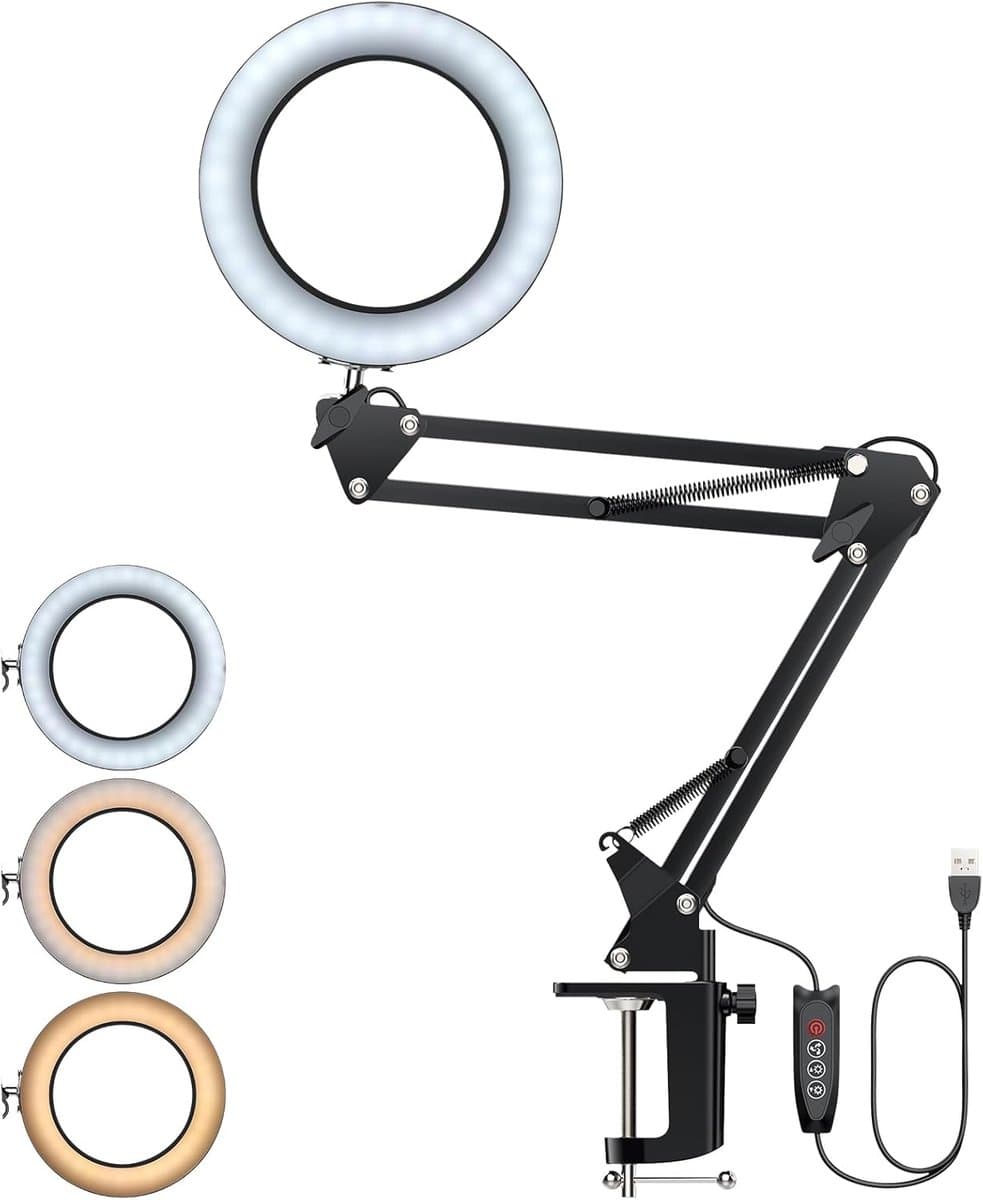 MELVRA LED Vergrotende Bureaulamp - Vergrootglas met Licht - 8x Vergroting - Met Klem - 3 Lichtmodi - Draaibare Arm - Voor Lezen, Naaien & Make-up