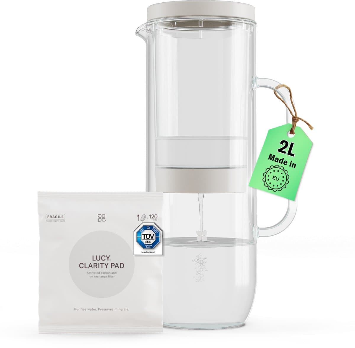 LUCY® Waterfilterkan 2L – Karaf met Water Filter Dispenser – Inclusief CLARITY PAD Filters – Vermindert Kalk, Chloor, PFAS en Onzuiverheden – BPA-vrij – Past in de Koelkast – Eenvoudig in Gebruik