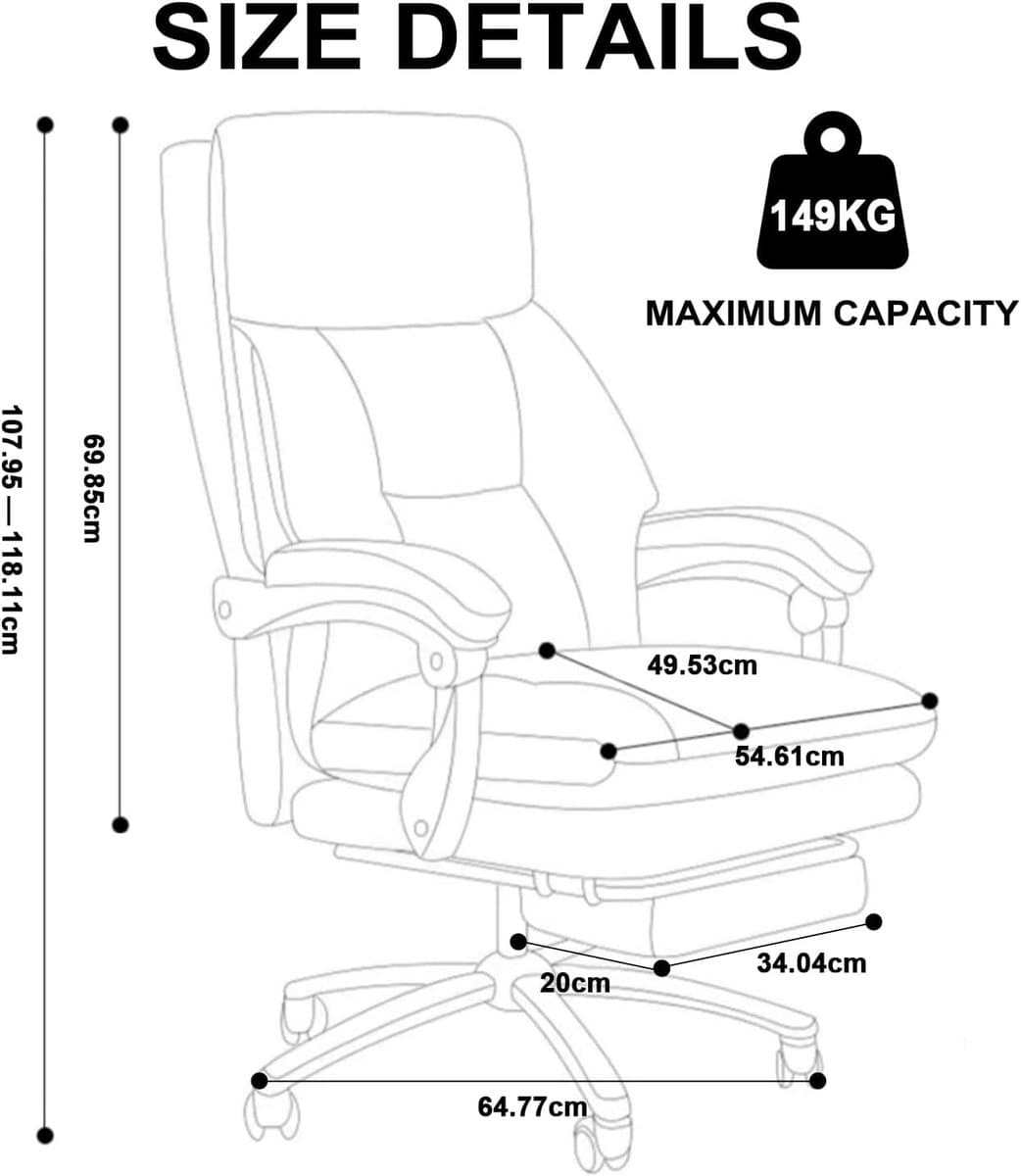Bureaustoel Ergonomisch met Voetsteun – Casa Velluto ExecutiveComfort Pro – Directiestoel met Hoge Rugleuning – Verstelbare Hoogte en Kantelbaar 90-130° – Luxe Draaistoel met Wielen voor Kantoor, Thuiswerken en Gaming – Grijs
