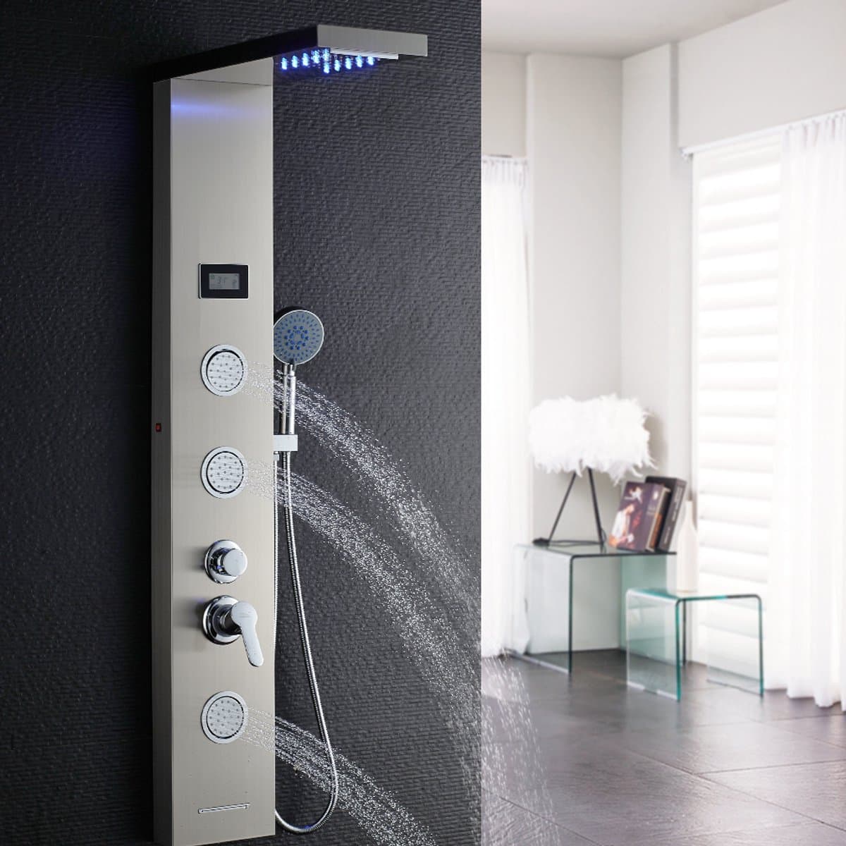 Sofetiy Max Douchepaneel - Met Douchekraan - Mengkraan - Roestvrij Staal - 5 in 1 Douchesysteem - LCD Display - Spa Jets - Regendouche - Compleet Douchepaneel - Wellness - Zilver