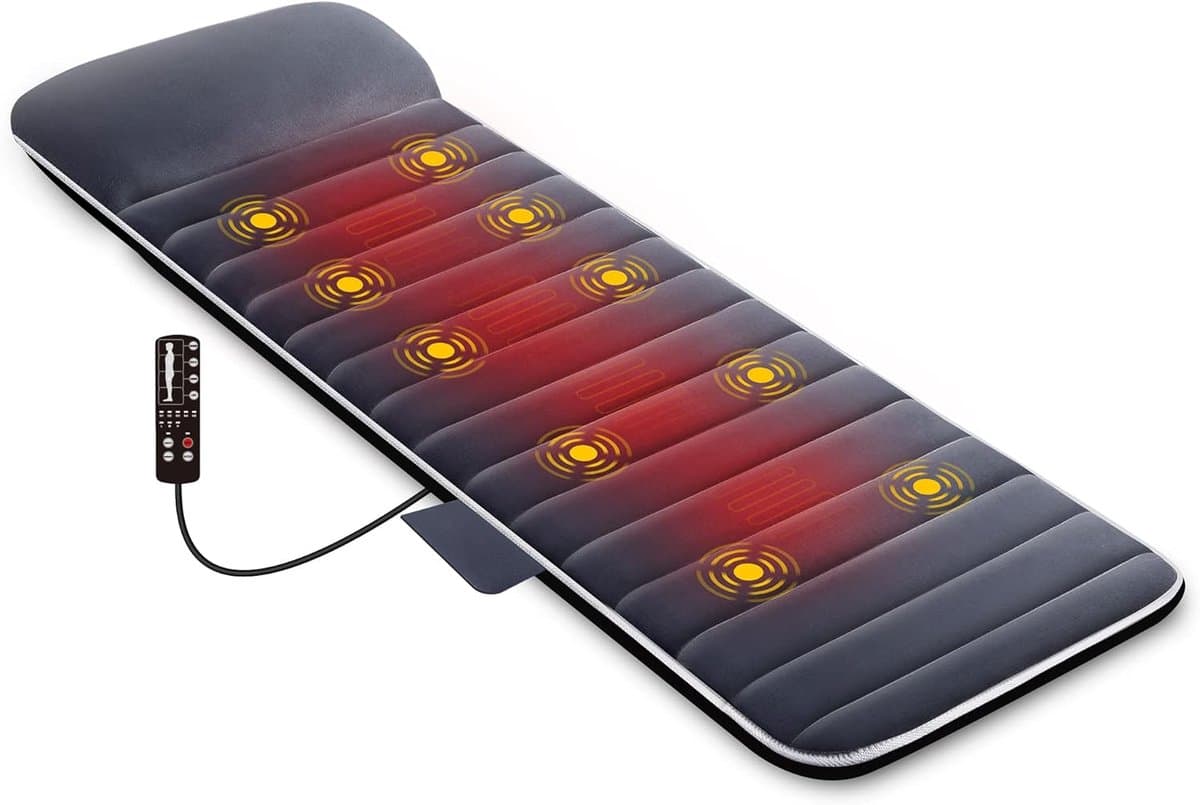 MELVRA Massagemat - Lichaamsmassage Mat - 10 Vibratiemotoren - 4 Verwarmingskussens - Voor Rug, Benen en Lumbale Wervelkolom - Massage & Warmte - Voor Mannen & Vrouwen - Cadeau