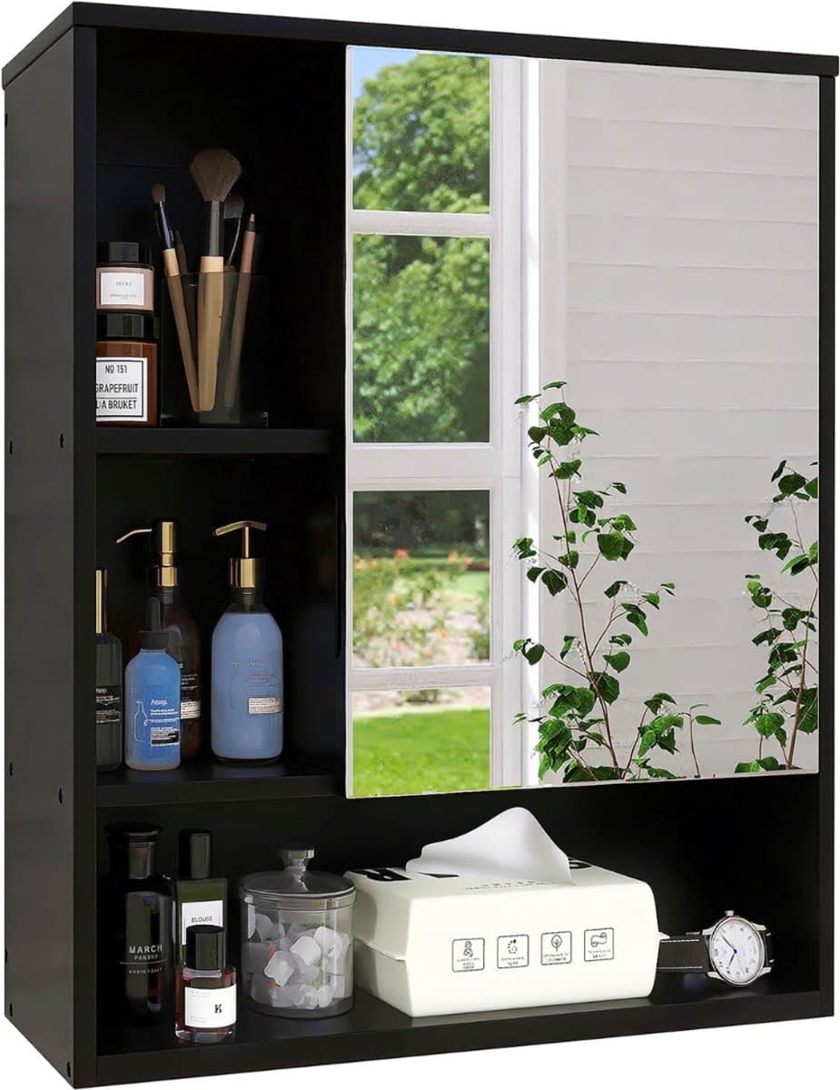 SCH® Spiegelkast Badkamer - Spiegelkast - Zwart - 16cm x 56cm x 62cm