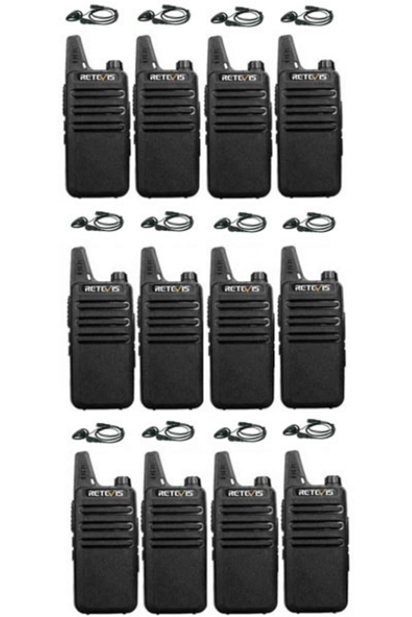 Set van 12 Retevis RT622 vergunning vrije UHF mini portofoons met D-shape oortje