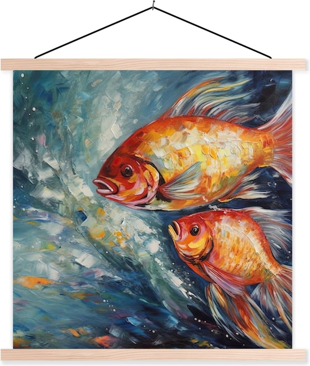 Posterhanger incl. Poster 40x40 cm - Schoolplaat - Vissen - Water - Dieren - Kunst - Olieverf - Textielposter - Blanke latten