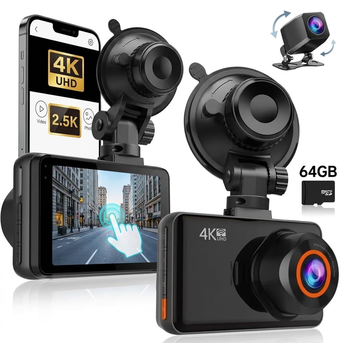 Fokelyi-Dashcam 4K -Dashcam Voor Auto- Wifi & GPS - Nachtzicht - Dual Dashcam - G-Sensor- Ultra 4K- incl. 64GB SD kaart