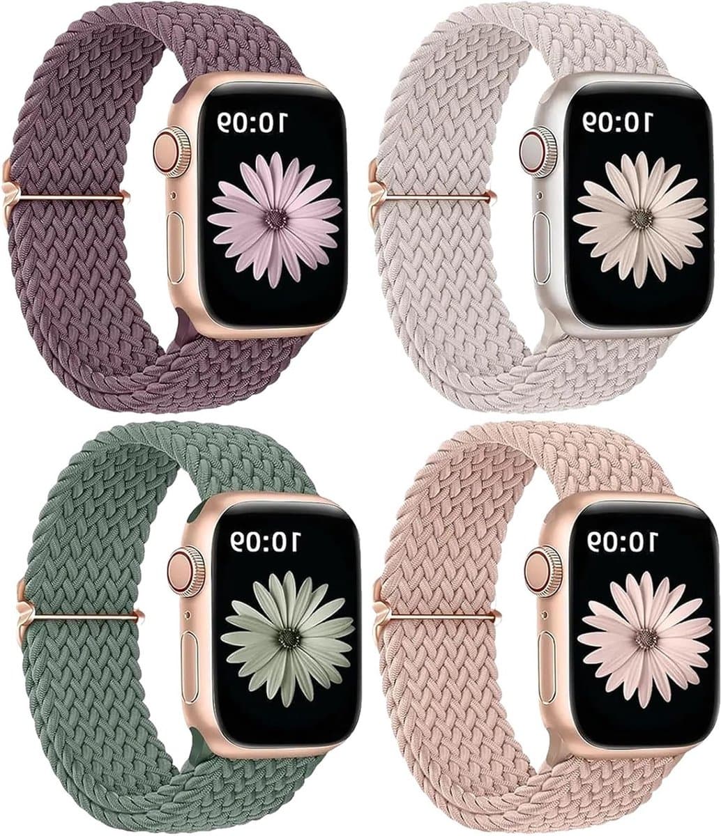 Verstelbare Nylon Sportbanden voor Smartwatches - 4-Pack, Elastische en Gevlochten Armbanden voor 40mm, 41mm en 38mm, Geschikt voor Mannen en Vrouwen
