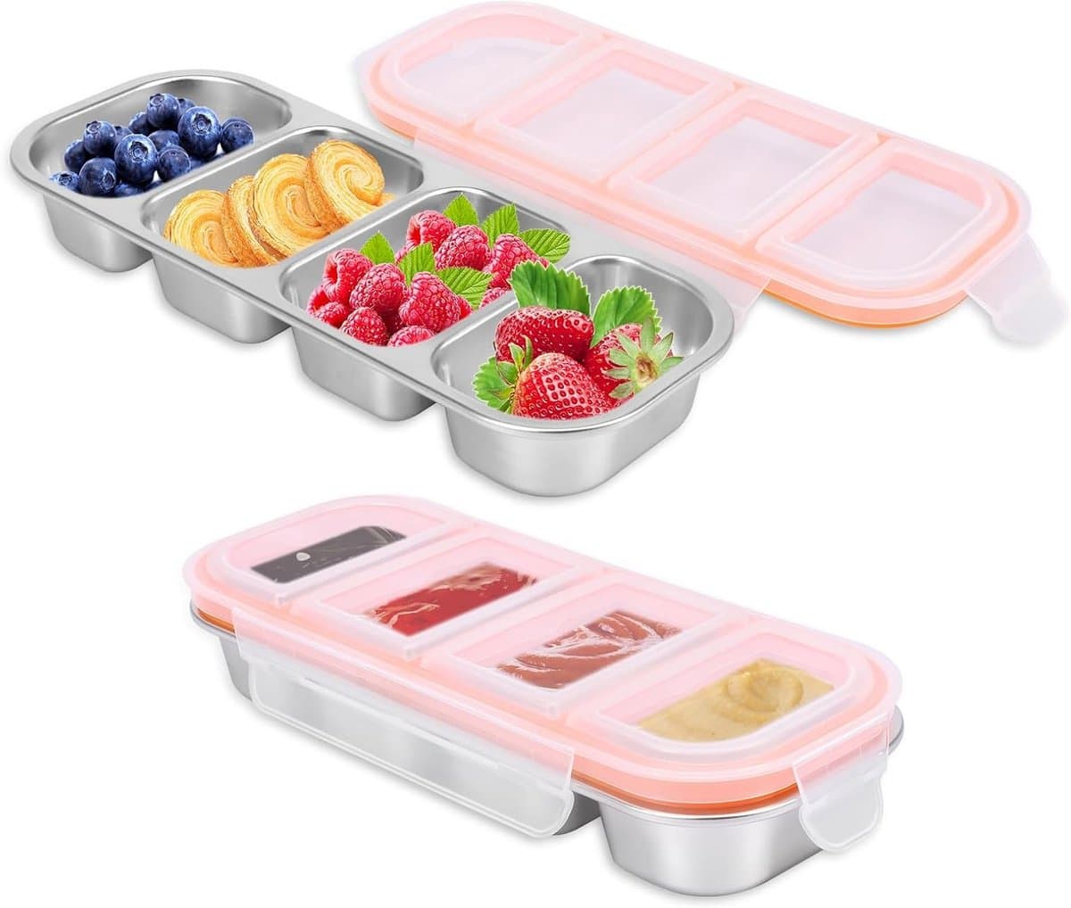 Snackdoos met Compartimenten, RVS Snackplaten, Luchtdichte Snackkom met Deksel, Ideaal voor Tussendoortjes en Maaltijden, Vaatwasser- en Magnetronbestendig, BPA-vrij