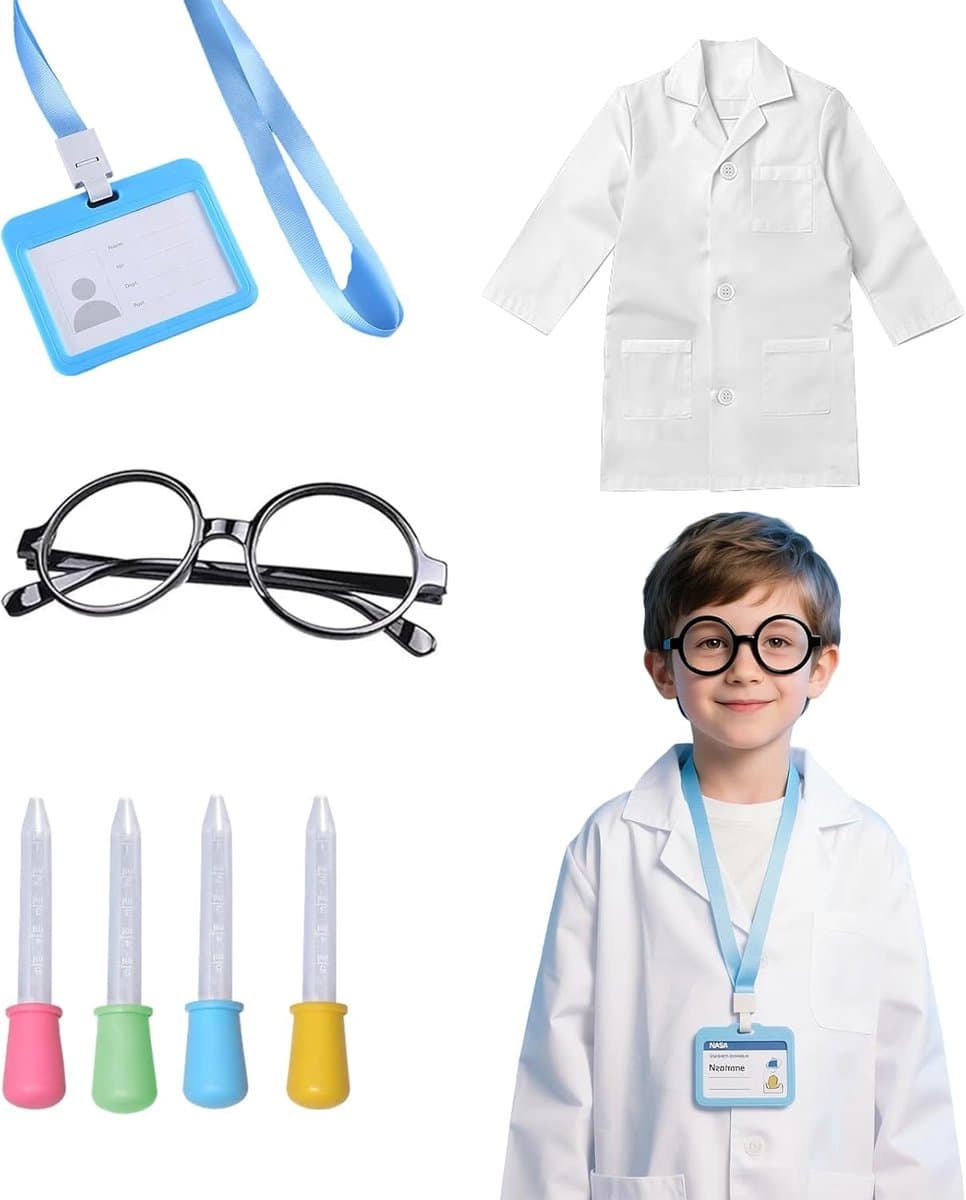 Kinderen Laboratoriumjas - Wetenschapper Kostuum - Verkleden Feest - Compleet Accessoires - 7 Delig - Wit
