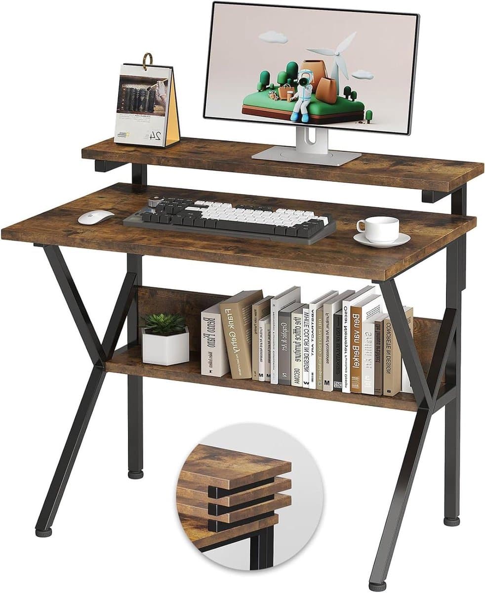 Computerbureau met opbergruimte - Schrijftafel Studiebureau - Werken in kleine ruimtes - Monitorplank op 3 hoogtes - 275 inch breed