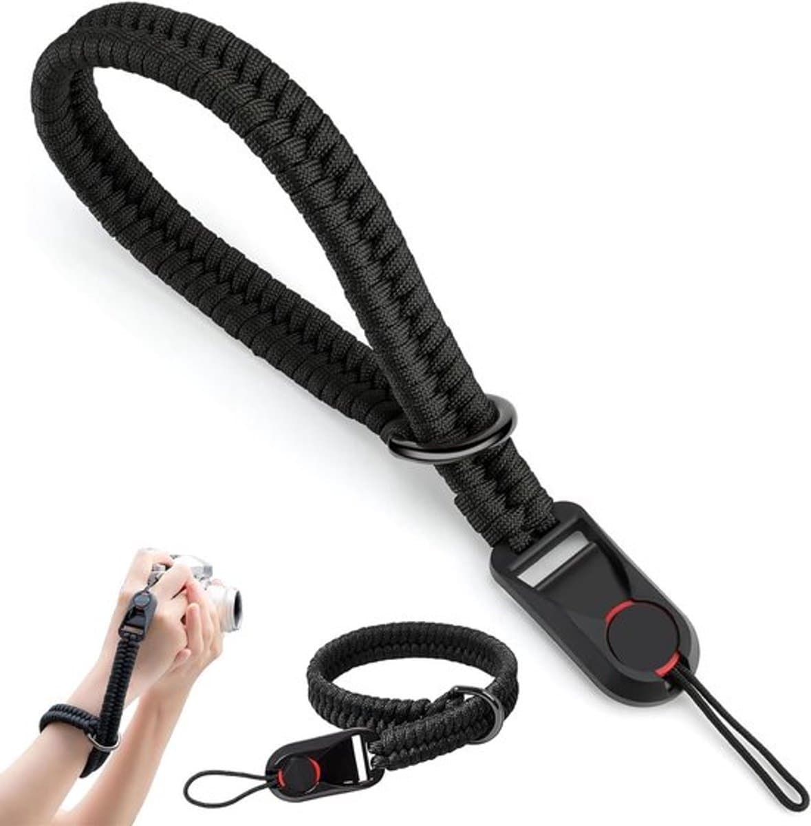 Verstelbare camerapolsband met snelsluiting - DSLR polsband - Zwart - Totale lengte 395 cm