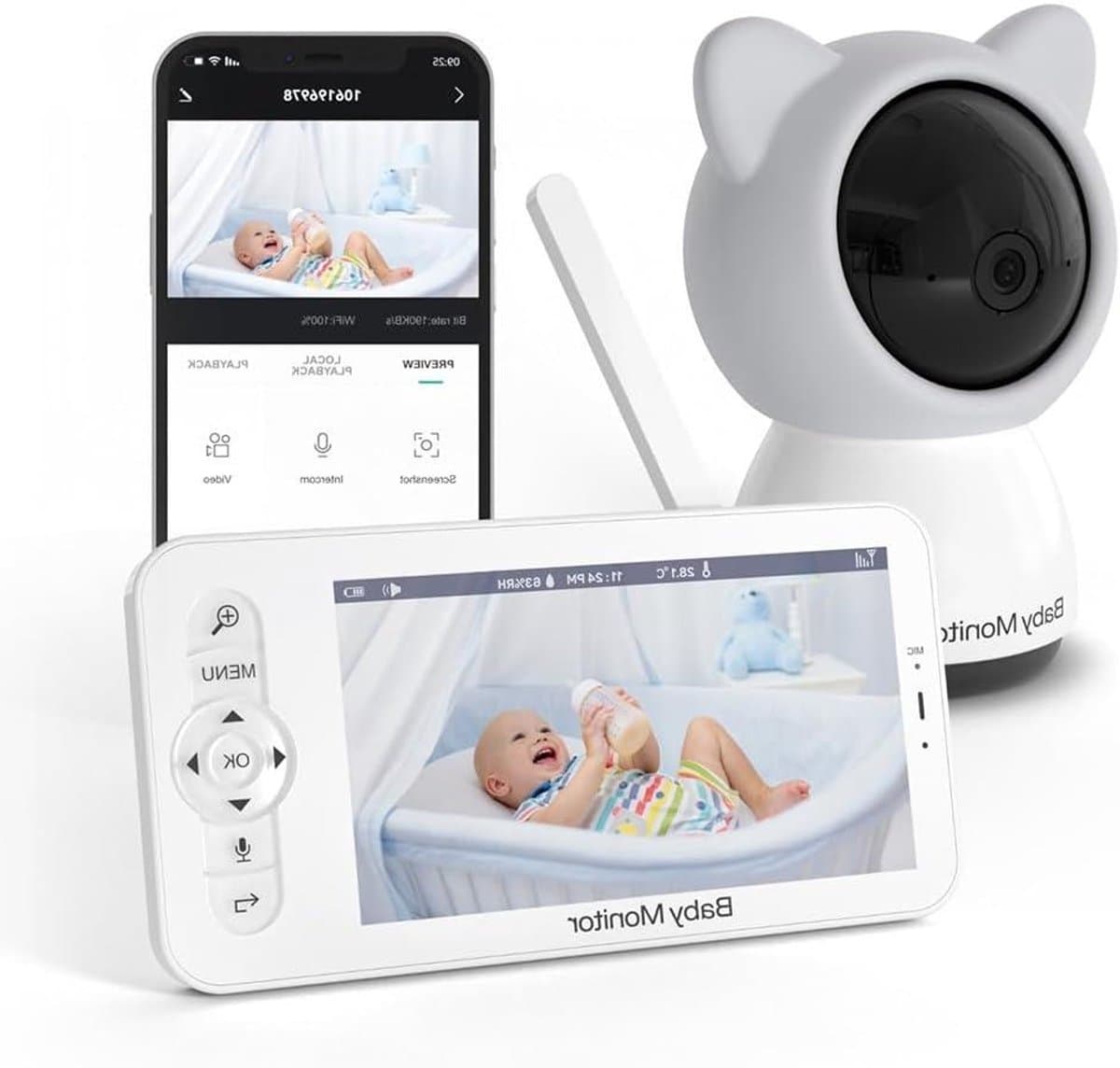 Babyfoon met Camera - Babybewaking Monitor - Kind Bewaken - Tweerichtingsgesprek - 300 Meter Bereik - Wit