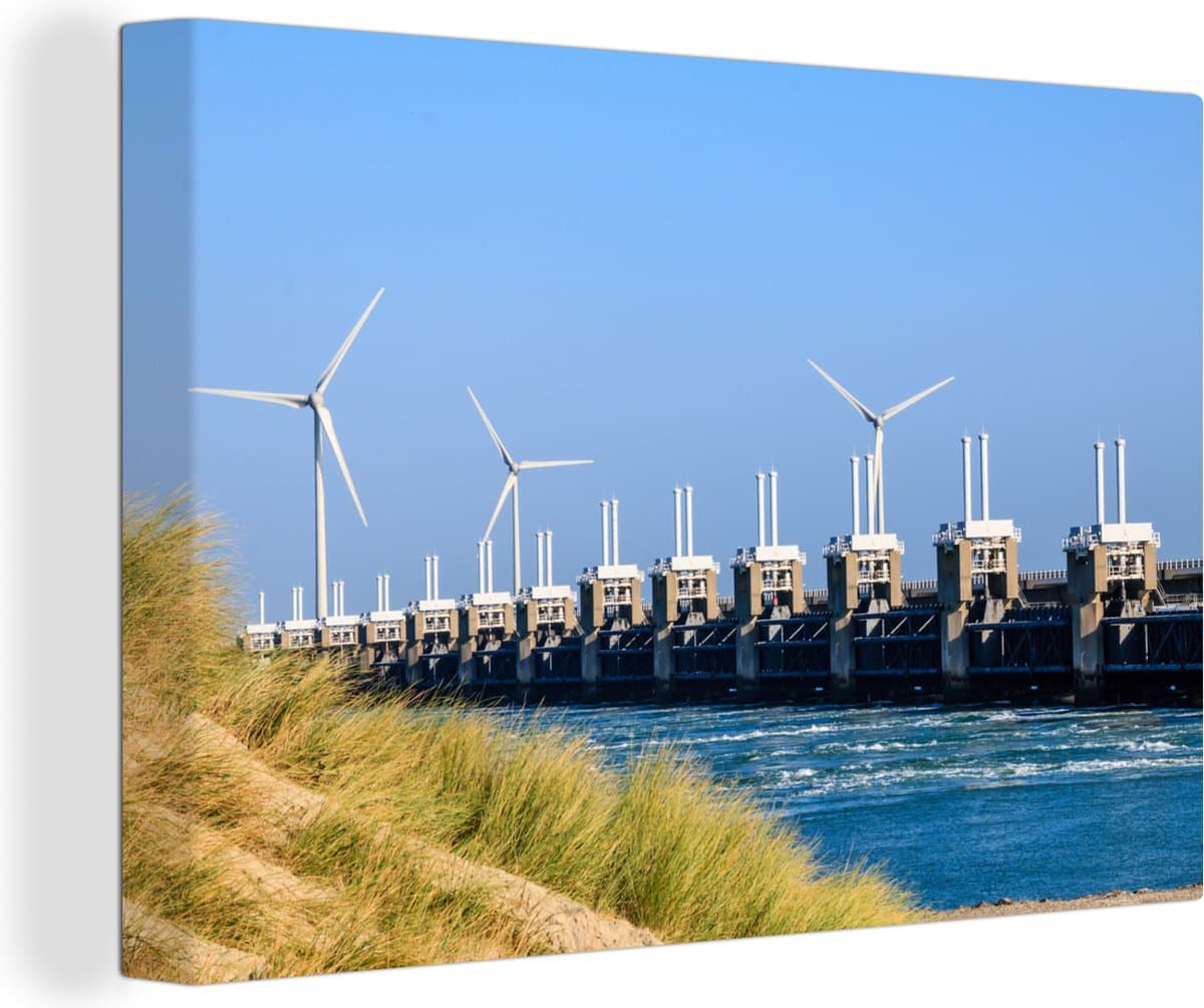 Canvas Schilderij Oosterschelde in Zeeland met windmolens vanaf duinen - 90x60 cm - Wanddecoratie