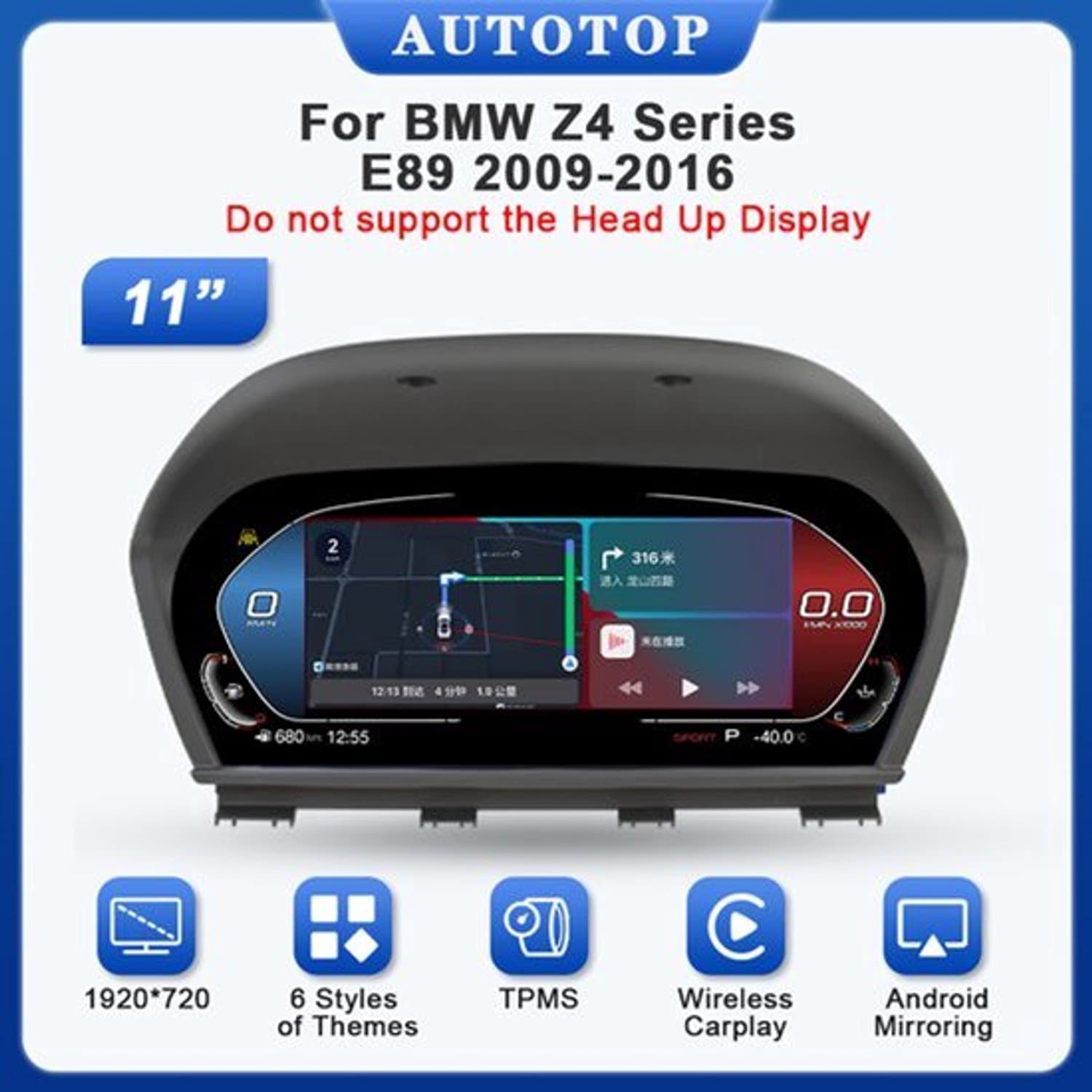 Digitale Dashboard Meter 11 Inch - Draadloze Carplay - Voor BMW Z4 E89 2009-2016 - HD Scherm - Auto Instrumentenpaneel