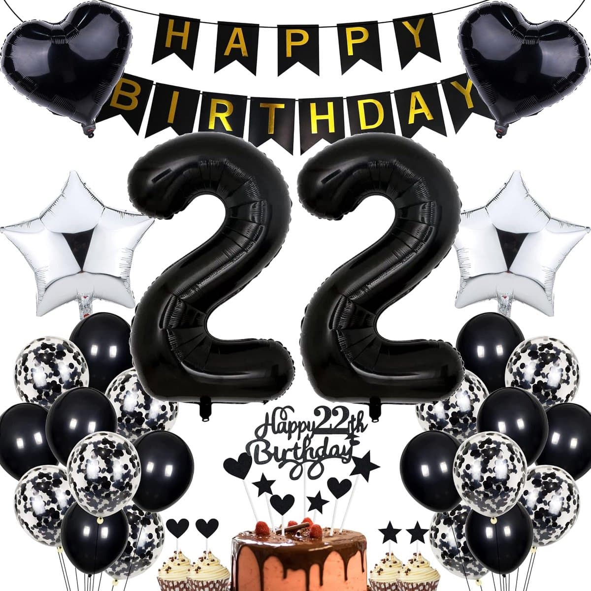 Ballon 22e verjaardagsdecoratie - feestdecoratie zwart taartdecoratie voor mannen en vrouwen - verjaardagsdecoratie 22 jaar