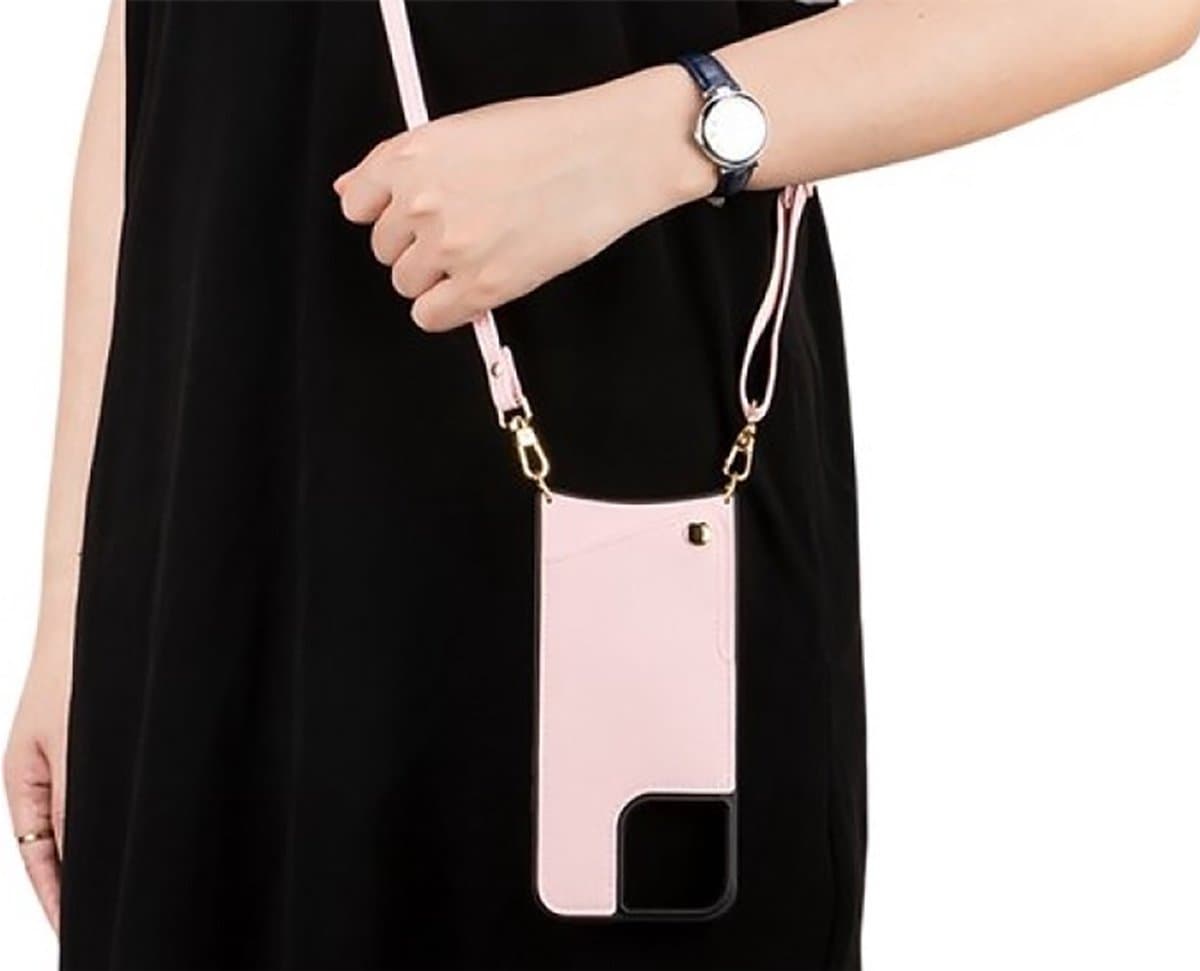 CaseBoutique Backcase hoesje geschikt voor Apple iPhone 11 - Effen Roze - Kunstleer - met Crossbody Koord & Pashouder