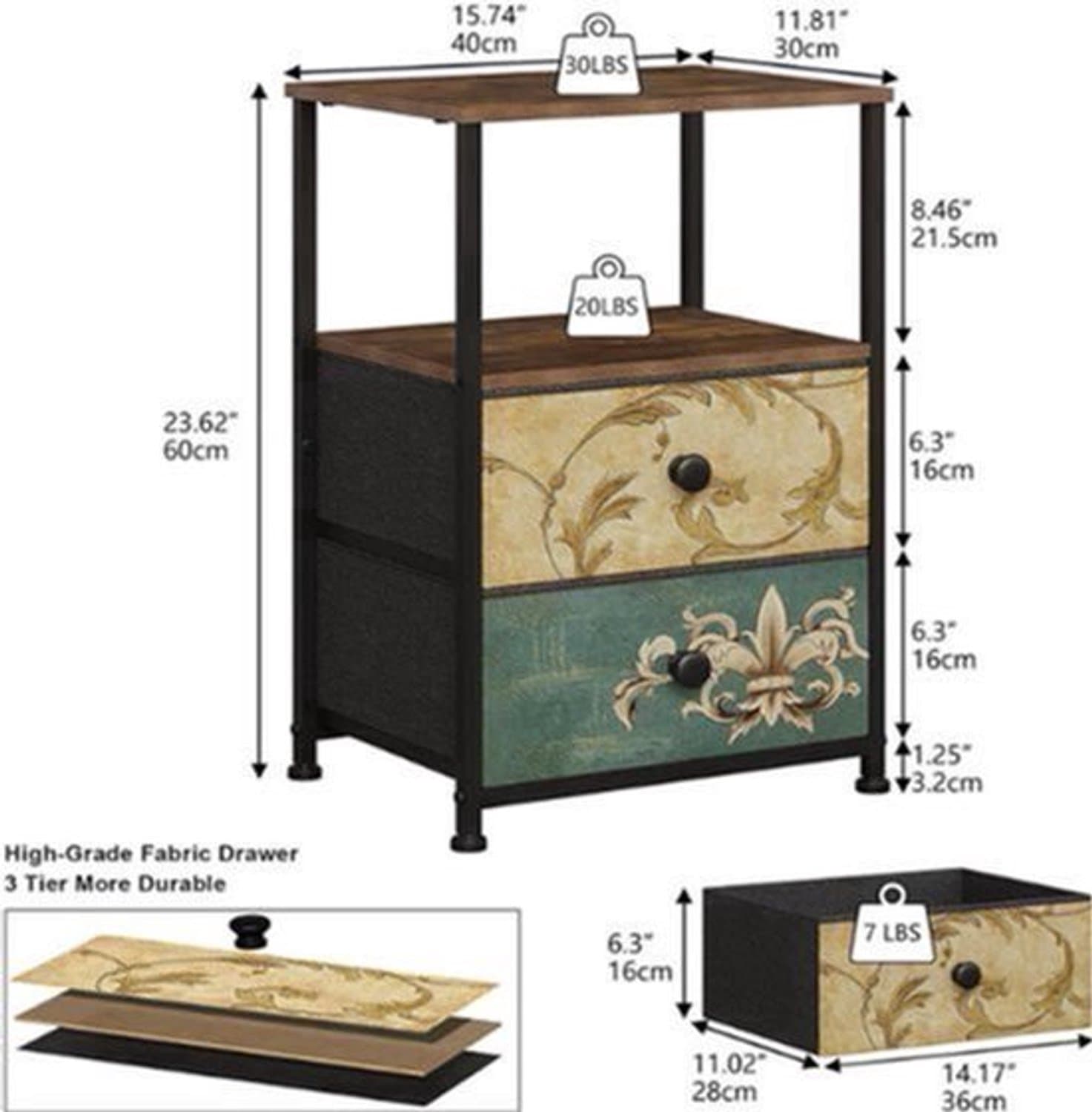 Ladekast – Kastje – Opbergkast – Nachtkastje – Kommode – Set 2 Stuks Met 2 Stoffen Lades – Stabiel Stalen Frame En Bohemian Design