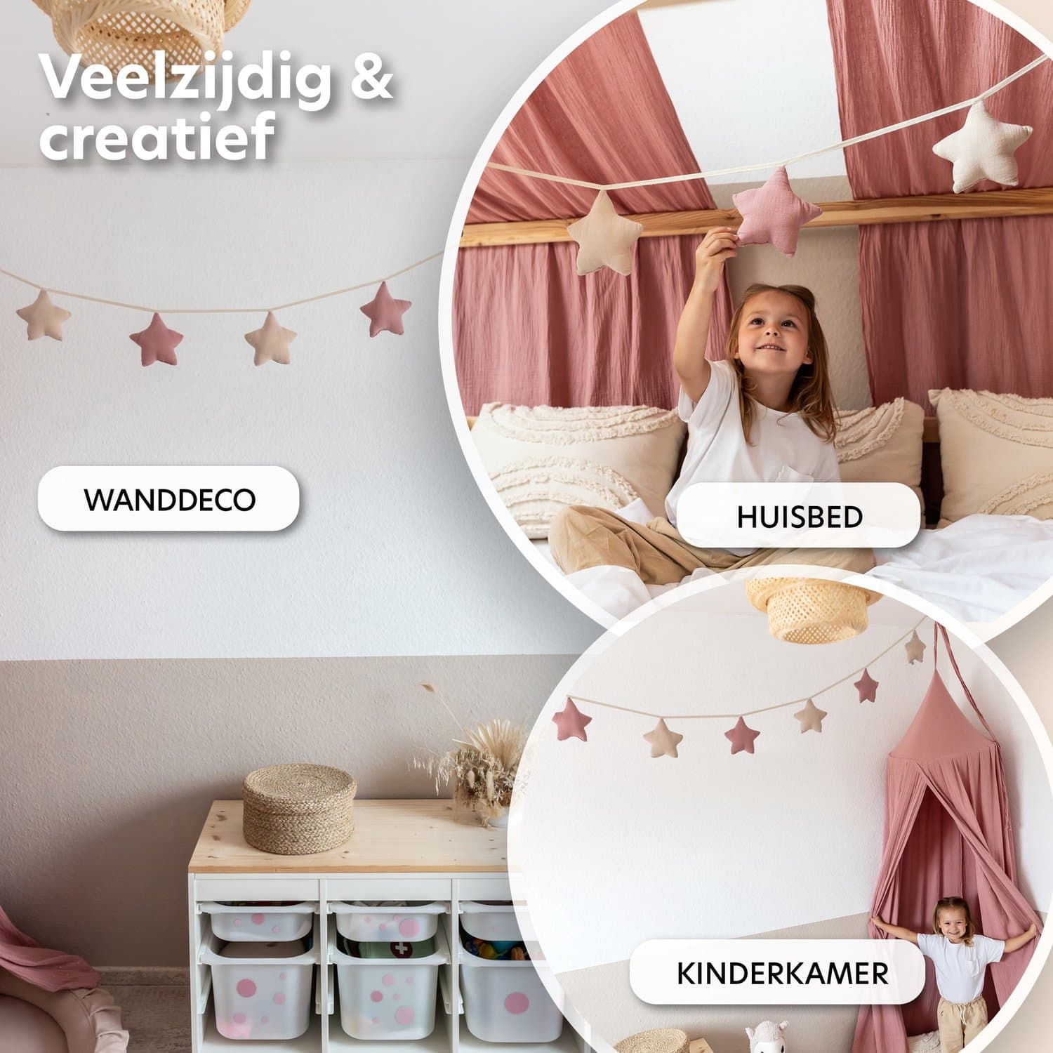 LILIMAUS Sterren slinger kinderkamer - stoffen slinger van mousseline katoen - 300 cm - roze en zachtroze