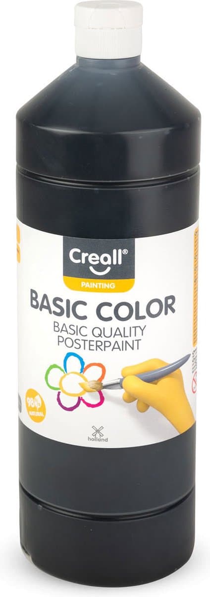 Creall Plakkaatverf - Zwart - zwarte schoolverf - fles 1000ML - Gemaakt in Nederland - professionele kwaliteit - basic color - vegan - glutenvrij