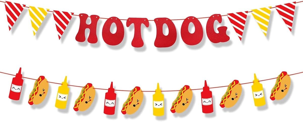 Hotdog feestbanner versiering - glitterpapier - vrolijk ontwerp - ideaal voor BBQ en familiebijeenkomsten - ShopVlot