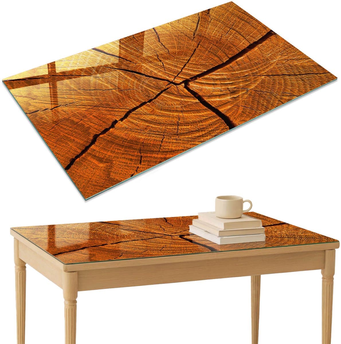 ArtPrintCave Houtdoorsnede Glazen Tafelblad 120x80 cm - Tafelblad Rechthoek - Bruin Glasplaat - Natuur Terrastafel
