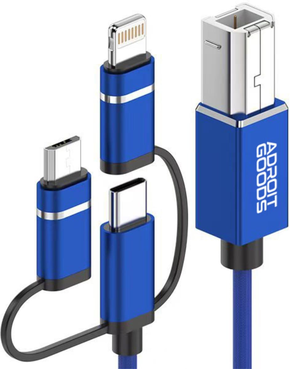 AdroitGoods USB-C naar USB-B MIDI kabel geschikt voor Lightning Type-C Micro USB naar MIDI interface kabel voor digitale piano synthesizer audio interface plug & play - 1 m Blauw