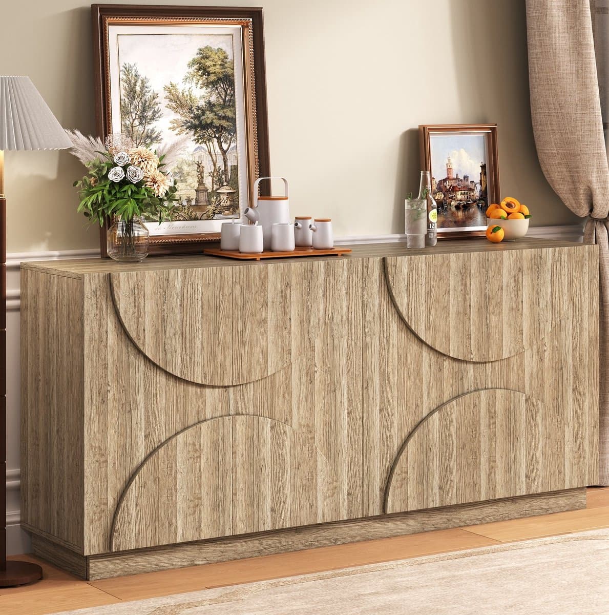 COVREO Dressoir 160 x 40 x 80 cm - spaanplaat, verstelbare planken, vier deuren, naturel