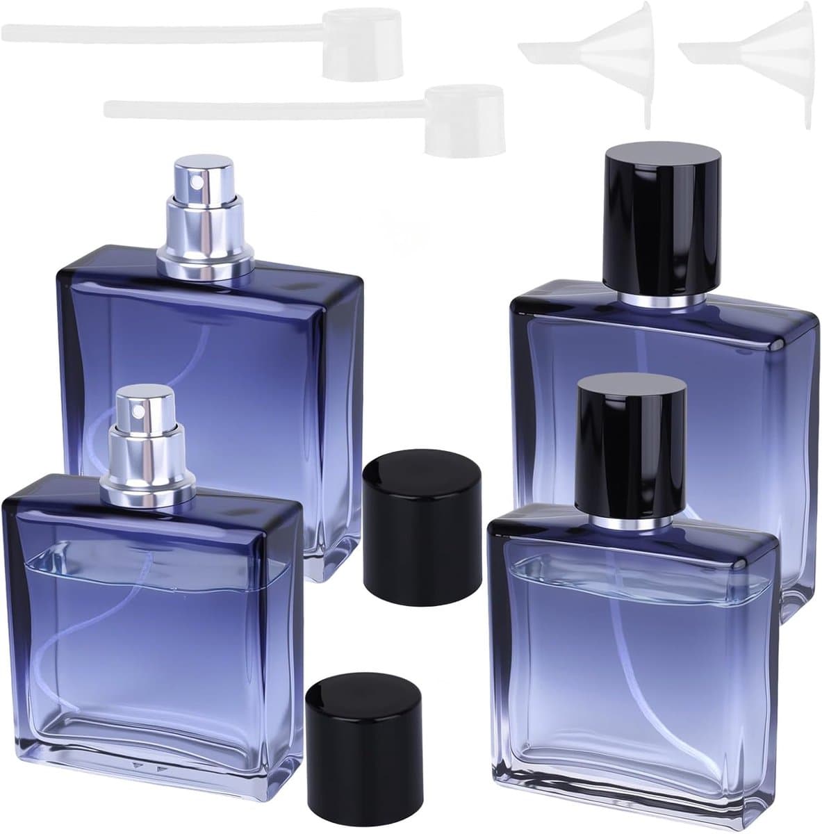 Thijox - Navulbare Parfumverstuivers 4 Stuks - 30ml/50ml - Leeg Met Trechter en Dispenser - Blauw Kleurverloop - Perfect Voor Op Reis, Feest en Dageli