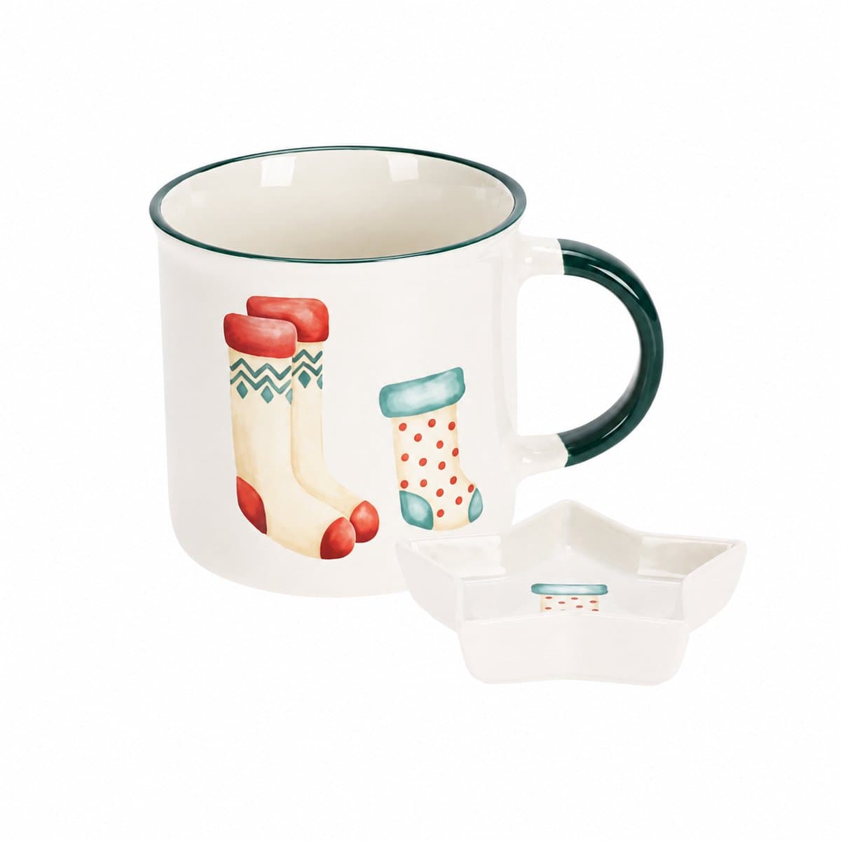 Home & Styling Kerst Kerstsokken Mok met Schaaltje - 300ml - Porselein - Wit/Groen