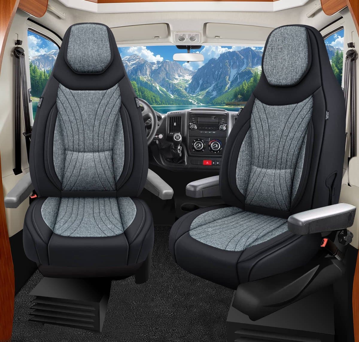 Premium Camper stoelhoezen voor Benimar Tessoro D C1 in Zwart/Grijs (2 losse stoelen)