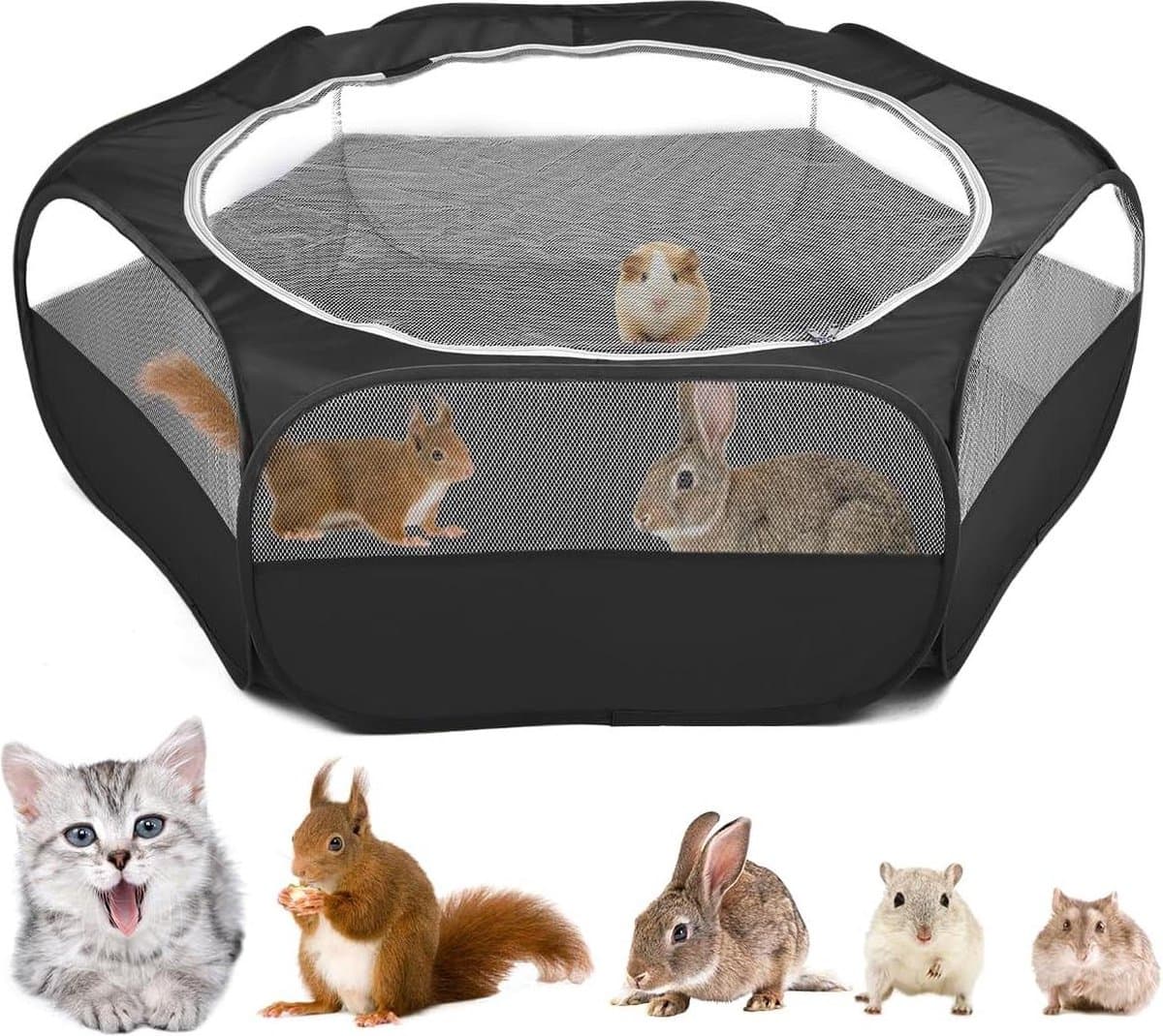 Waterproof Breathable Small Animals Playpen with Zipper Cover - Indoor Pet Cage Tent for Kitten Hamster Bunny Squirrel - Portable Outdoor Exercise Yard Fence for Guinea Pig Hedgehog - Black