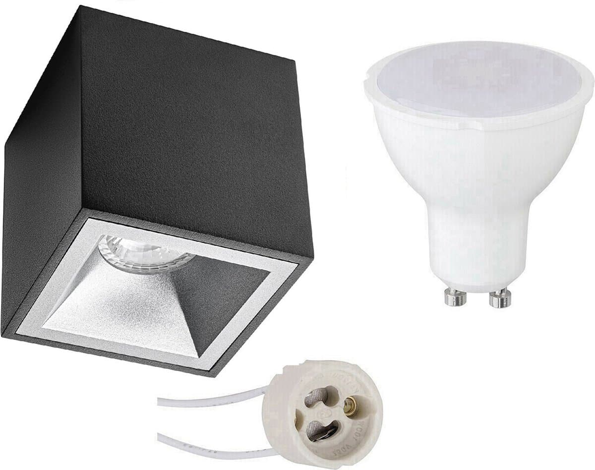 Opbouwspot Set - Pragmi Cliron Pro - GU10 Fitting - Opbouw Vierkant - Mat Zwart/Zilver - 4W - Warm Wit 3000K - Verdiept - 90mm