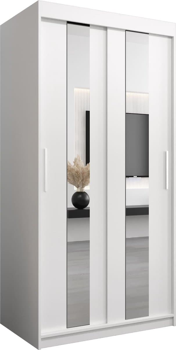 InspireMe - Kledingkast met 2 schuifdeuren, Modern-stijl, Een kledingkast met planken en een spiegel (BxHxD): 100x200x62 - DANCE 100 Wit Mat