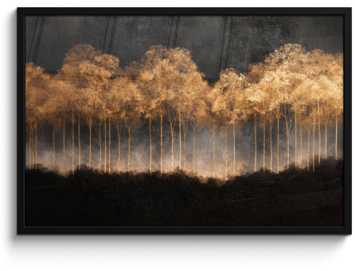 Poster in lijst - Fotolijst 90x60 cm - Posters - Gouden Bomen in Mistig Landschap - Posterlijst zwart - Decoratie - Wanddecoratie woonkamer - Muurdecoratie slaapkamer