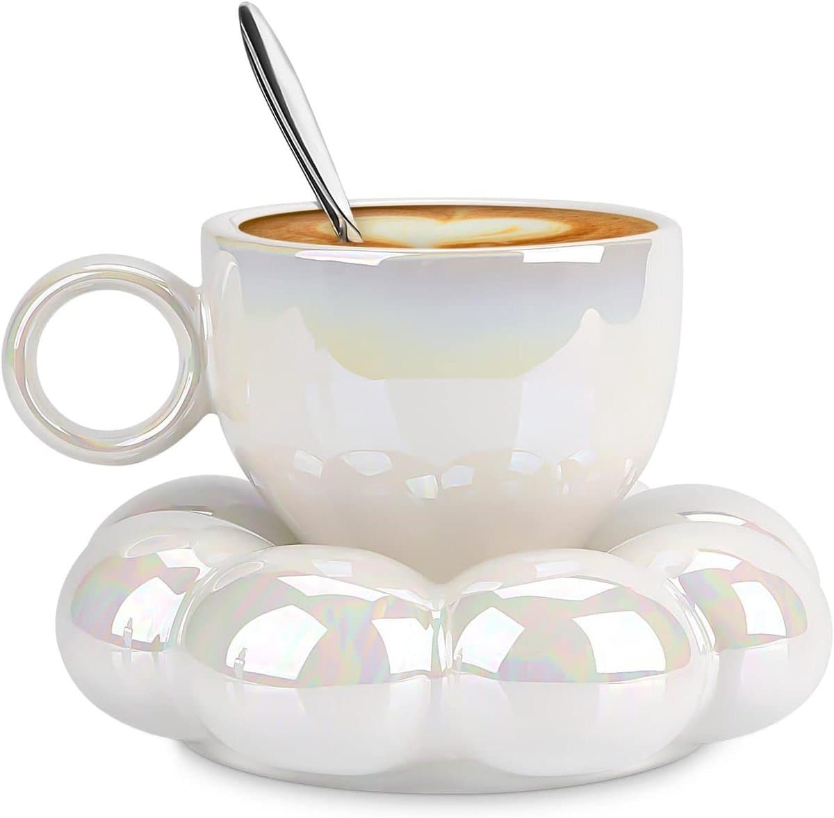Allecta - Bloem Koffie Cup Schotel Set met metalen lepel, 200ml thee beker, keramische mok voor kantoor en thuis - Parel Wit